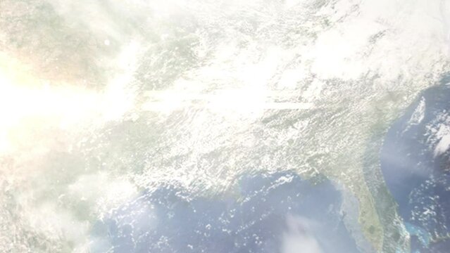 Earth zoom in from space and focus on Canton, Mississippi, USA. 3D Animation. Satellite view. Background for travel intro. Images from NASA.