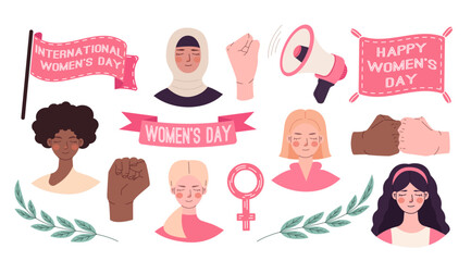 International women's day set. Girls faces set. Flags and banners. Signs of solidarity. Loudspeaker - obrazy, fototapety, plakaty