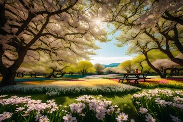 spring landscape with blooming trees