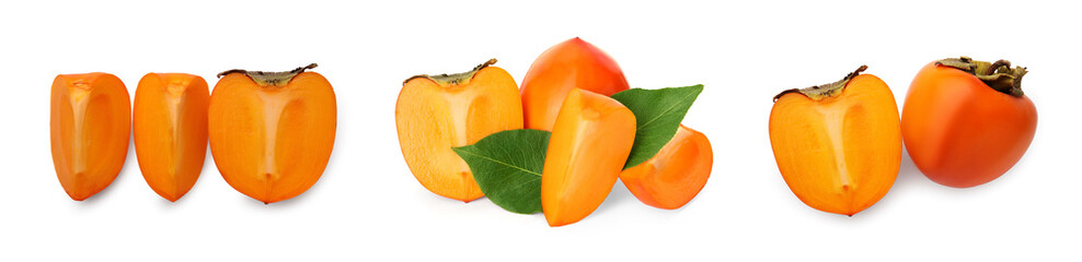 Fresh persimmon fruits isolated on white, collection