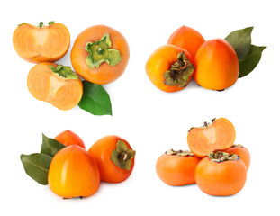 Fresh persimmon fruits isolated on white, collection
