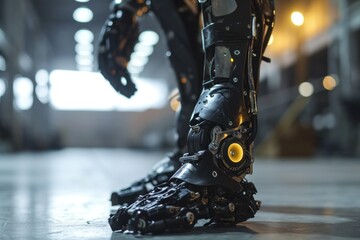 Amputee man using modern technological prosthetic leg, close-up