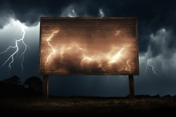 Wooden blank advertisement billboard at night with lightning strike Generative AI