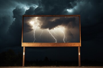 Wooden blank advertisement billboard at night with lightning strike Generative AI