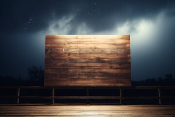 Wooden blank advertisement billboard at night with lightning strike Generative AI