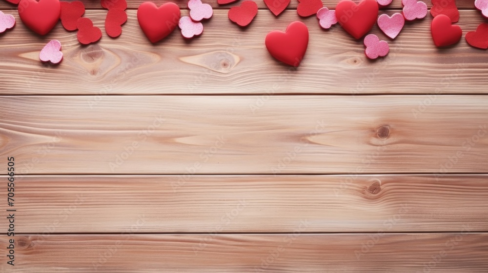 Poster top view. festive composition. hearts from red felt, boxes handmade on a wooden table. generative ai