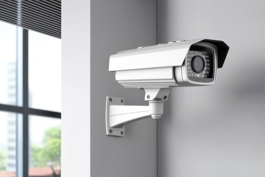 CCTV cameras hanging on the wall, and security cameras are installed on the building interior, recording and monitoring the criminal scene.