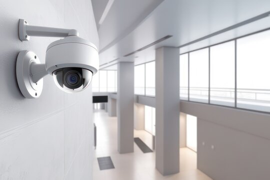 CCTV cameras hanging on the wall, and security cameras are installed on the building interior, recording and monitoring the criminal scene.