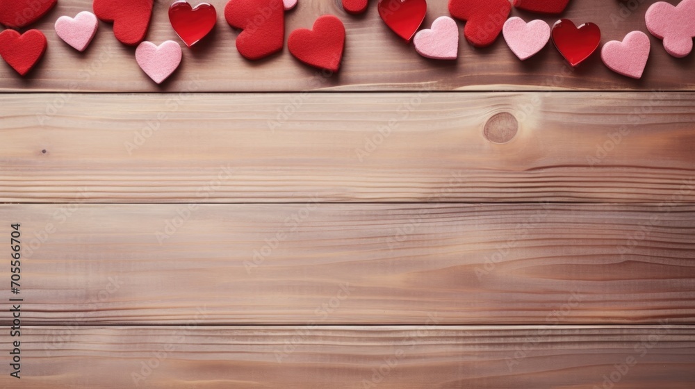 Poster red heart on a wooden background. space for text. festive composition. generative ai