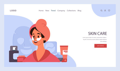 Skincare routine web banner or landing page. Facial skin cosmetic products applying and professional dermatology procedure. Cleansing and moisturizing treatment. Flat vector illustration