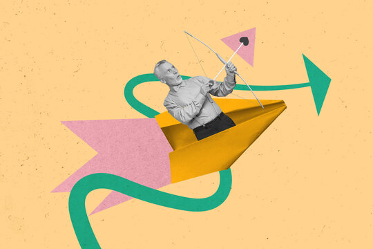 Creative template exclusive collage picture of retired man cupid with bow and arrows in airplane send love isolated on yellow background