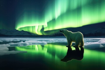 White bear stand on a glacier with Northern Lights, Aurora Borealis. Polar night with stars and dark sky. Wildlife scene from nature. Change climate or global warming concept - obrazy, fototapety, plakaty