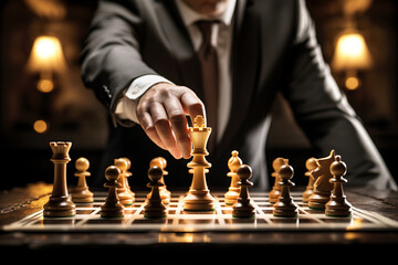 Mano de hombre de negocios moviendo una figura en un tablero de ajedrez. Concepto de estrategia empresarial, planificación y liderazgo. Trabajo en equipo. - obrazy, fototapety, plakaty