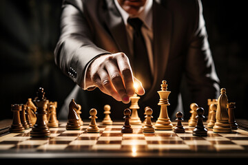 Mano de hombre de negocios moviendo una figura en un tablero de ajedrez. Concepto de estrategia empresarial, planificación y liderazgo. Trabajo en equipo.  - obrazy, fototapety, plakaty