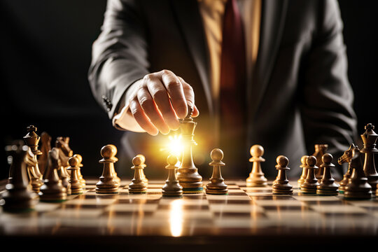 Mano de hombre de negocios moviendo una figura en un tablero de ajedrez. Concepto de estrategia empresarial, planificaci&oacute;n y liderazgo. Trabajo en equipo.