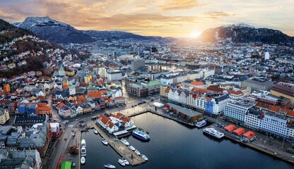 Beautiful panoramic aerial winter sunrise view of the cityscape of Bergen, Norway, Scandinavia - obrazy, fototapety, plakaty