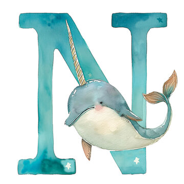 Watercolor Animal alphabet letters. Cute baby animal letter N with narwhal. AI generative.