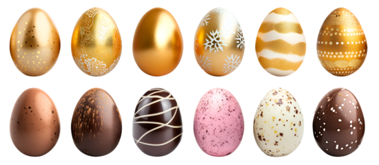 Collection of colourful hand painted decorated easter eggs on transparent background cutout, PNG file. Gold and chocolate set. Many different design. Mockup template for artwork design
