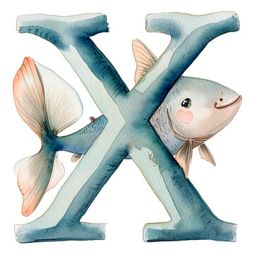 Watercolor Animal alphabet letters. Cute baby animal letter X with x-ray fish. AI generative.
