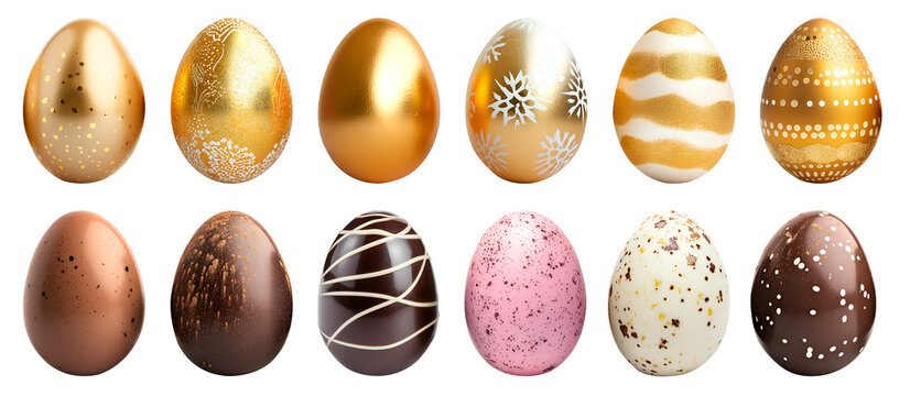 Collection of colourful hand painted decorated easter eggs on transparent background cutout, PNG file. Gold and chocolate set. Many different design. Mockup template for artwork design