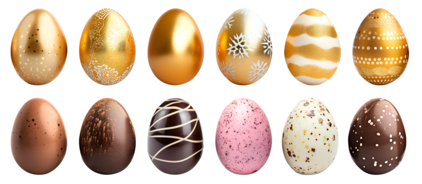 Collection of colourful hand painted decorated easter eggs on transparent background cutout, PNG file. Gold and chocolate set. Many different design. Mockup template for artwork design