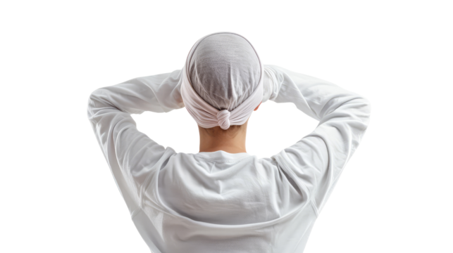 Back view of a chemotherapy patient undergoing treatment against a transparent background.