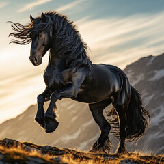 beautiful friesian horse develops its mane in the mountains in the morning at dawn