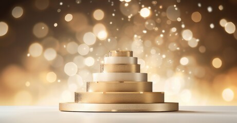 Fototapeta premium Elegant golden podium with sparkling bokeh lights, suitable for product display or awards.