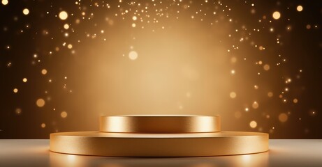 Elegant golden podium with sparkling bokeh lights, suitable for product display or awards.