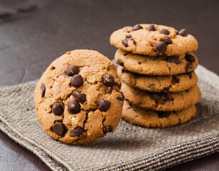 Chocolate chips cookies on brown napkin 