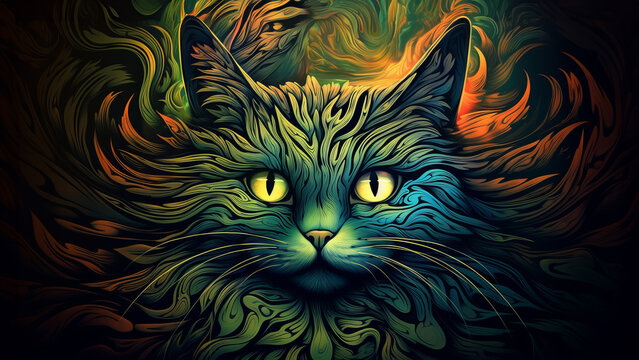 Vivid psychedelic cat face portrait with saturated multicolored fur captivating mystique and enchanting allure of feline beauty, cute cat face symbolizes expressive and mysterious nature of felines