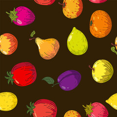 Colorful bright fruits seamless pattern. Hand drawing sketch fruits