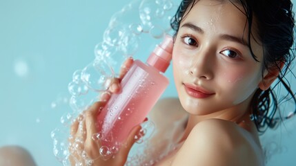 Elegant shampoo advertisement, featuring a beautiful japanese woman in a bathing suit with healthy, shining hair, holding a minimalist-designed shampoo bottle, against a plain White Studio background