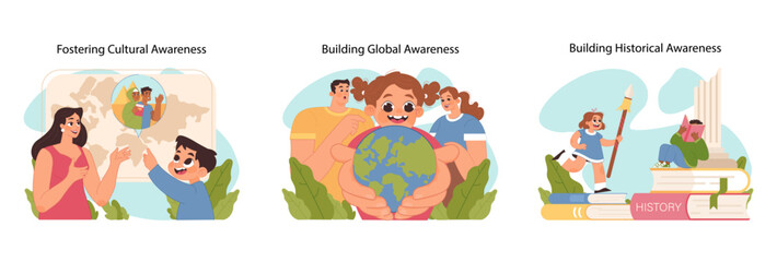 Obraz premium Cultural awareness set. Children embracing global, and historical knowledge, enhancing their understanding and connection with the world. Parents teaching kids about cultures. Flat vector illustration