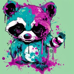 An artist's concept of a splattered raccoon print, in the style of slime punk, light cyan and magenta, inventive character designs, jungle punk
