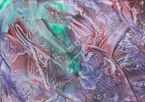 Abstract encaustic painting with texture effect in purple, green and mauve: painted with a painting iron