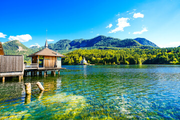 View of the Grundlsee and the surrounding landscape. Idyllic nature by the lake in Styria in...