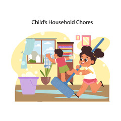 Engaging in teamwork concept. Siblings share household tasks, learning cooperation and responsibility. Joyful chore time with family. Helping parents and learning new skills. Flat vector illustration