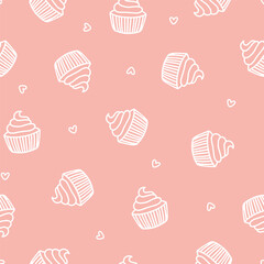 Pink seamless pattern with white cupcake and hearts