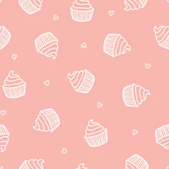 Fototapeten Pink seamless pattern with white cupcake and hearts © FRESH TAKE DESIGN