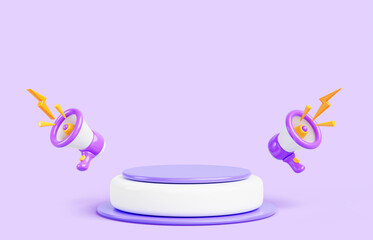 3d render podium display with megaphone speaker or loudspeaker bullhorn on purple background. Blank stage, platform for digital marketing, online news, social media promotion banner. 3D illustration