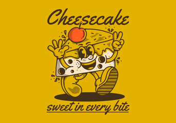 Cheesecake, sweet in every bite. Mascot character illustration of walking cheesecake