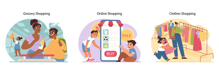 Shopping journey set. Family grocery trips, childs joy in online sales, browsing clothes. Interactive buying experiences, digital convenience, wardrobe selections. Flat vector illustration