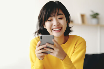 Fototapeta premium Excited happy girl using smartphone wearing yellow shirt, smiling looking at cellphone