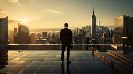 Businessman standing on the top floor of a New York commercial building admiring the city view