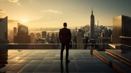 Keuken spatwand met foto Businessman standing on the top floor of a New York commercial building admiring the city view © Elaine