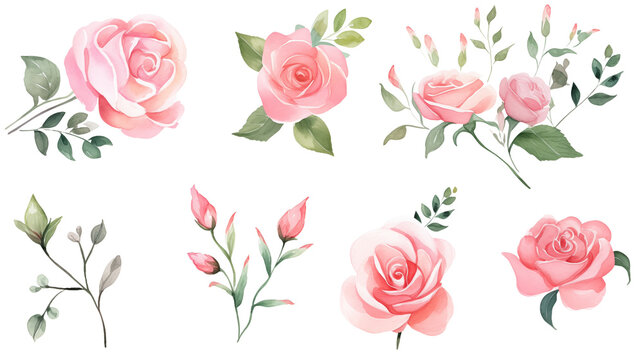 Watercolor elements pink, red and blue roses on a white background
