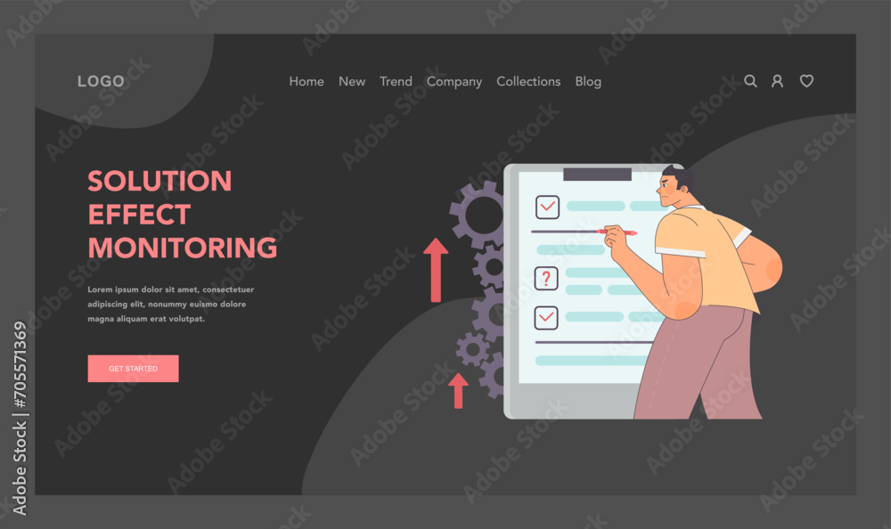 Poster solution effect monitoring concept. man controlling work process, checking off list. diligent assess