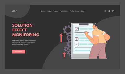 Solution effect monitoring concept. Man controlling work process, checking off list. Diligent assessment and progress tracking. Systematic evaluation of outcomes. Flat vector illustration