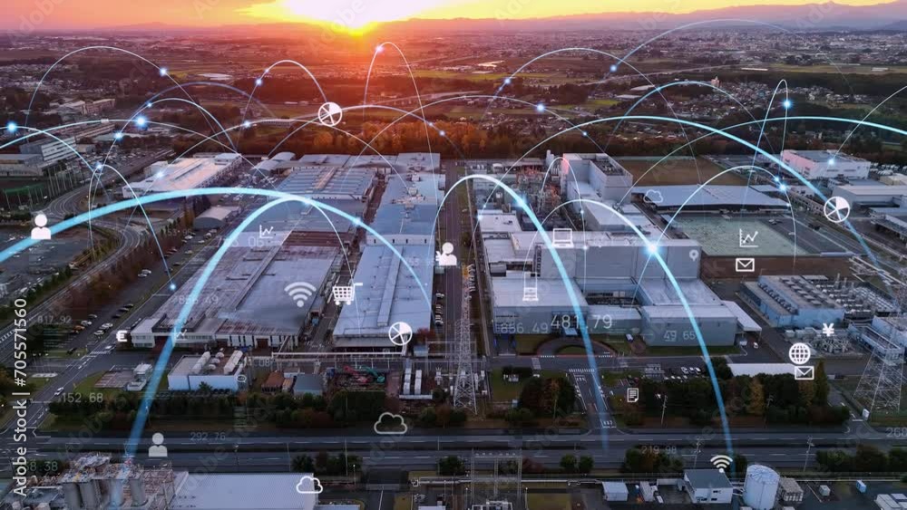 Aufkleber modern industrial area aerial view and communication network concept. factory automation.